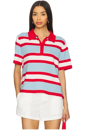 ALICE+OLIVIA Tillie Striped Polo in Blue,Red. Size M, S, XL, XS.