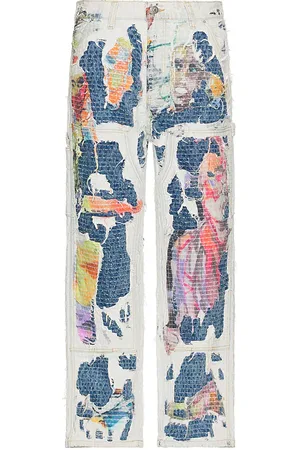 KIDSUPER STUDIOS HOSE MIT KNIE-PATCHES BORO in White,Blue. Size M, S, XL.