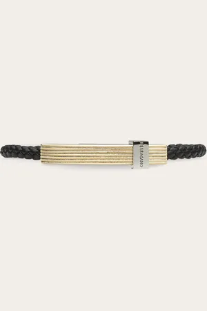 Salvatore Ferragamo Armband aus geflochtenem Kalbsleder in Scobidou-Optik, verziert mit einem Mittelteil aus gerändeltem Metall und Kontrastelement mit eingeprägter Signatur