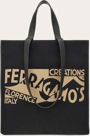 Salvatore Ferragamo Große Tragetasche aus Bast und Baumwoll-in Jacquard-Verarbeitung; auf der Vorderseite das Logo des futuristischen Malers Venna, das in den 30er Jahren auf den Vara-Schuhen erschien