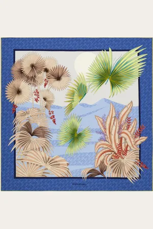 Salvatore Ferragamo An exotic landscape, with sand dunes, palm trees and multi-coloured butterflies decorates this pure silk scarf