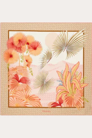 Salvatore Ferragamo An exotic landscape, with sand dunes, palm trees and multi-coloured butterflies decorates this pure silk scarf
