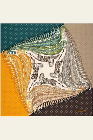 Salvatore Ferragamo Contemporary interpretation of the pure silk scarf, with four jaguars positioned centrally in a composition bordered by lush foliage