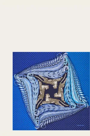 Salvatore Ferragamo Contemporary interpretation of the pure silk scarf, with four jaguars positioned centrally in a composition bordered by lush foliage