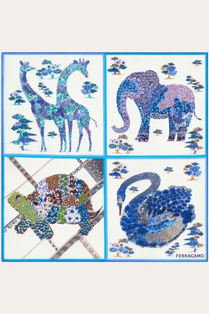 Salvatore Ferragamo An array of flowers and petals are used to ‘draw’ the animals on this smooth, soft bandana