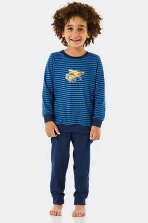 Schiesser Schlafanzug lang Organic Cotton Bündchen Ringel Baufahrzeug - Original Classics 92