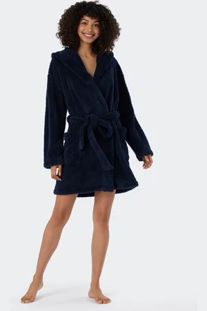 Schiesser Morgenmantel Teddy-Fleece Comfort-Fit dunkelblau - Essentials L