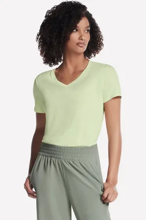 Skechers Damen Pima V-Neck T-Shirt in Light Gray /Grün, Größe XS