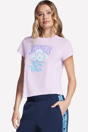 Skechers Damen Uno Classic Fit Flower T-Shirt in Weiss/Violett, Größe XS