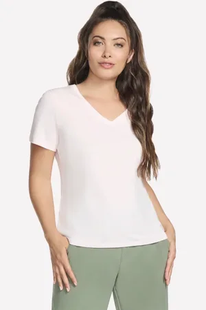 Skechers Damen Pima V-Neck T-Shirt in Weiss/Rosa, Größe XS