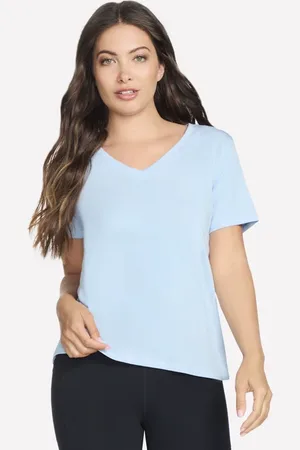 Skechers Damen Pima V-Neck T-Shirt in Weiss/Violett, Größe XS