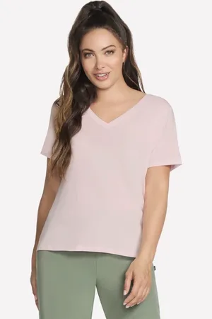 Skechers Damen Pima V-Neck T-Shirt in Weiss/Rosa, Größe XS