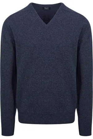 William Lockie V-Ausschnitt Pullover Lammwolle Indigo Melange Dunkelblau Größe XL