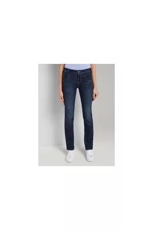 TOM TAILOR Damen TTALEXA Straight Jeans mit Bio-Baumwolle, blau, Logo Print, Gr. 26/30, biobaumwolle