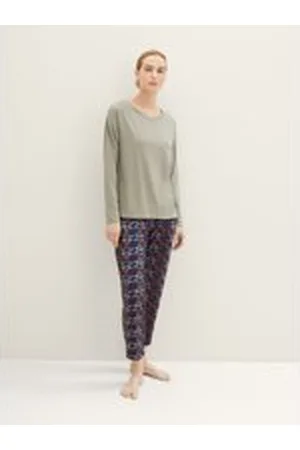 TOM TAILOR Damen Pjyama mit Allover-Print, grün, Print, Gr. M/38, viskose