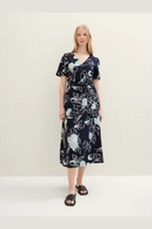 TOM TAILOR Damen Gemustertes Midikleid in Wickel-Optik, blau, Geblümt, Gr. 36, viskose