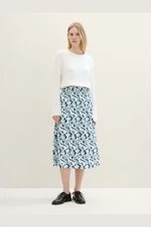 TOM TAILOR Damen Plissee-Midirock mit Blumenmuster, blau, Geblümt, Gr. 40, polyester