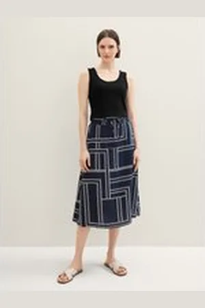 TOM TAILOR Damen Midi Rock mit Print, blau, Print, Gr. 36, viskose