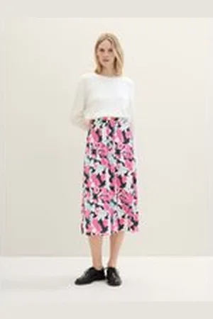 TOM TAILOR Damen Plissee-Midirock mit Blumenmuster, rosa, Geblümt, Gr. 44, polyester