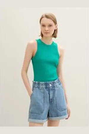 TOM TAILOR Damen Top mit Rippstruktur, grün, Uni, Gr. XL, baumwolle