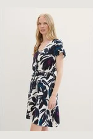 TOM TAILOR Damen Kleid mit LENZING™ ECOVERO™, blau, Gemustert, Gr. 36, viskose