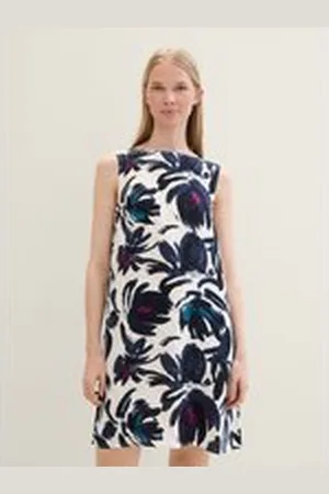 TOM TAILOR Damen Ärmelloses Kleid mit LENZING™ ECOVERO™, blau, Gemustert, Gr. 34, viskose