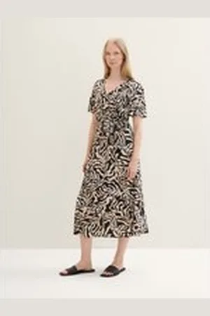 TOM TAILOR Damen Gemustertes Midikleid in Wickel-Optik, schwarz, Gemustert, Gr. 34, viskose