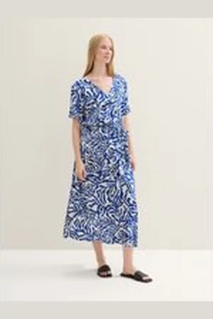 TOM TAILOR Damen Gemustertes Midikleid in Wickel-Optik, weiß, Gemustert, Gr. 38, viskose