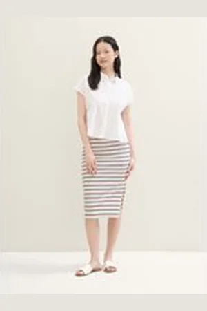 TOM TAILOR Damen Gestreifter Midirock mit Waffelstruktur, weiß, Gestreift, Gr. L, polyester