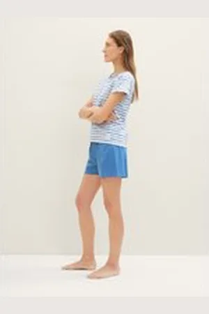 TOM TAILOR Damen Pyjama-Set mit Streifenmuster, blau, Gestreift, Gr. XL/42, baumwolle