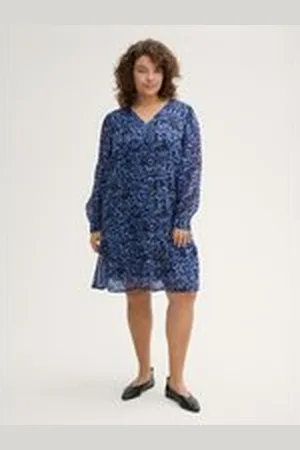 TOM TAILOR Damen Plus Size - Kleid mit Volants, blau, Gemustert, Gr. 46, polyester_recycelt