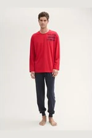 TOM TAILOR Herren Pyjama-Set aus Baumwolle mit Textprint, rot, Print, Gr. 48, baumwolle