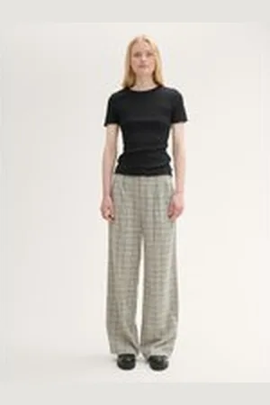 TOM TAILOR Damen Wide Leg Hose mit Karomuster, beige, Kariert, Gr. L, polyester