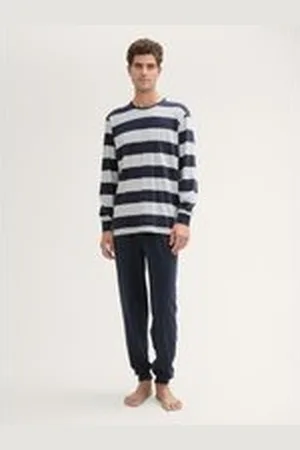 TOM TAILOR Herren Pyjama-Set aus Baumwolle mit Streifenmuster, blau, Gestreift, Gr. 48, baumwolle