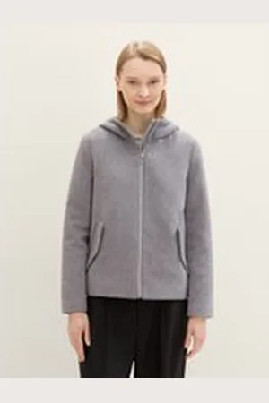 TOM TAILOR Damen Kurze Jacke mit recycelter Wolle, grau, Uni, Gr. M, polyester