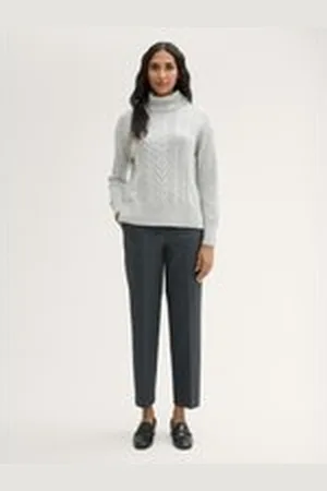 TOM TAILOR Damen Gerade Mia Hose, grau, Fischgrät, Gr. 36/32, polyester