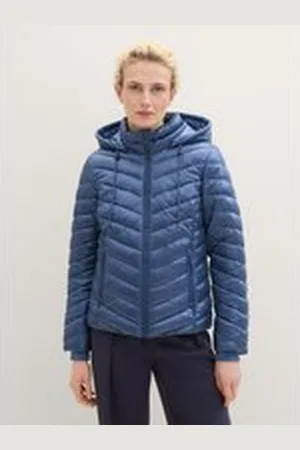 TOM TAILOR Damen Leichte Steppjacke mit Kapuze, blau, Uni, Gr. L, polyamid
