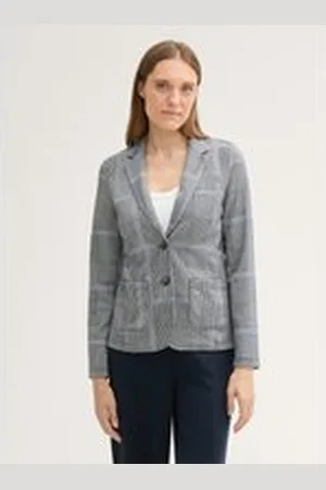 TOM TAILOR Damen Karierter Blazer mit LENZING™ ECOVERO™, blau, Kariert, Gr. XL, polyester