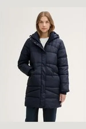 TOM TAILOR Damen Puffermantel mit abnehmbarer Kapuze, blau, Uni, Gr. XXL, polyester