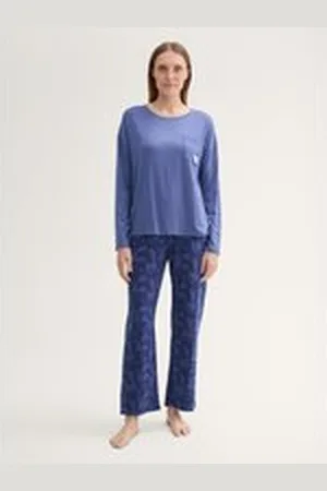 TOM TAILOR Damen Pyjama-Set mit Muster, blau, Gemustert, Gr. L/40, viskose
