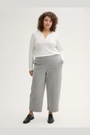 TOM TAILOR Damen Plus Size - Cropped Culotte Hose, grau, Fischgrät, Gr. 44/28, polyester