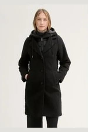 TOM TAILOR Damen 2-in-1 Look Wintermantel, schwarz, Uni, Gr. L, polyester