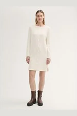 TOM TAILOR Damen Strickkleid mit Zopfmuster, weiß, Uni, Gr. 46, baumwolle
