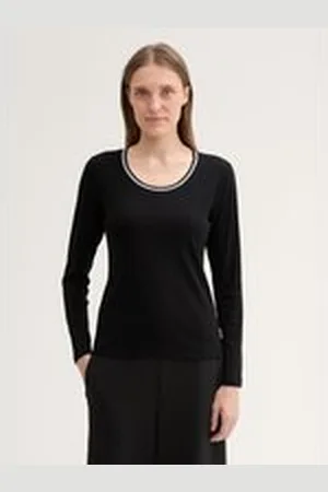 TOM TAILOR Damen Langarmshirt mit Rundhalsausschnitt, schwarz, Uni, Gr. XS, biobaumwolle