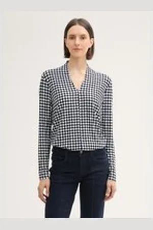 TOM TAILOR Damen Langarmshirt mit V-Ausschnitt, schwarz, Gemustert, Gr. S, viskose