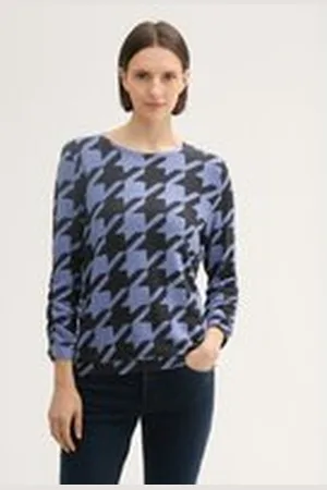TOM TAILOR Damen Gemustertes 3/4-Arm-Shirt, blau, Gemustert, Gr. XXL, viskose