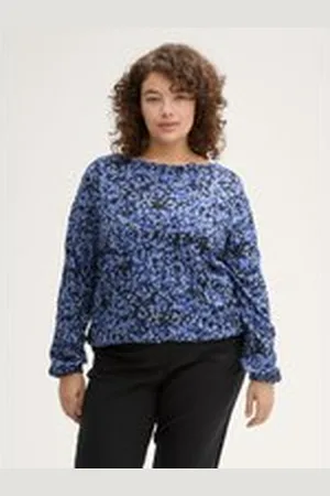 TOM TAILOR Damen Plus Size - Gemusterte Bluse mit Knopf, blau, Gemustert, Gr. 46, polyester_recycelt