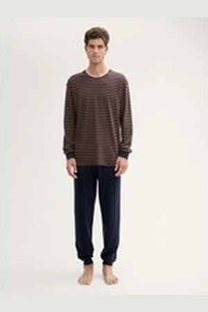TOM TAILOR Herren Pyjama-Set aus Baumwolle mit Streifenmuster, braun, Gestreift, Gr. 50, baumwolle