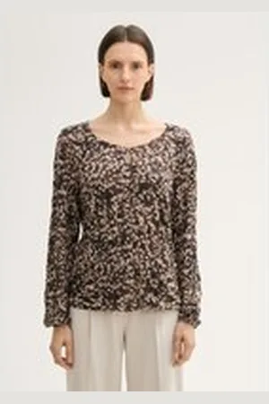TOM TAILOR Damen Langarmshirt in Knitteroptik, braun, Gemustert, Gr. M, polyester_recycelt