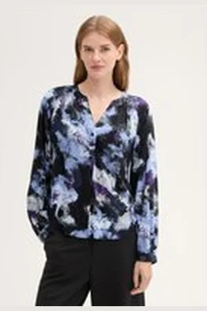 TOM TAILOR Damen Gemusterte Bluse mit LENZING™ ECOVERO™, blau, Gemustert, Gr. 36, viskose_lenzing_ecovero